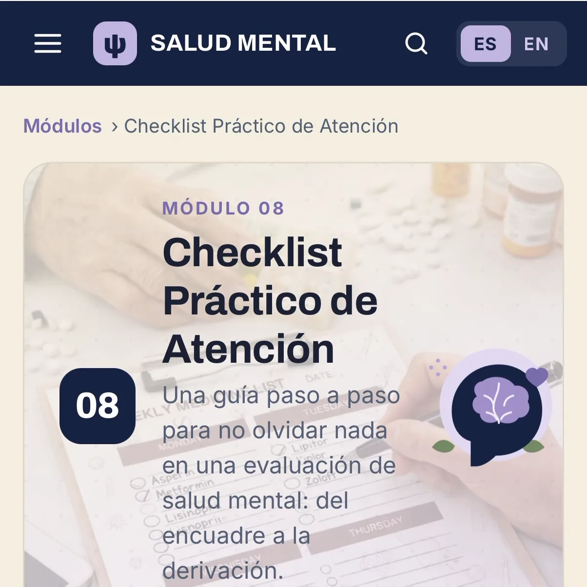 IMAGEN: captura de la app — el checklist de atención abierto en el celular