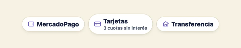 Medios de pago: MercadoPago, tarjetas en 3 cuotas sin interés y transferencia
