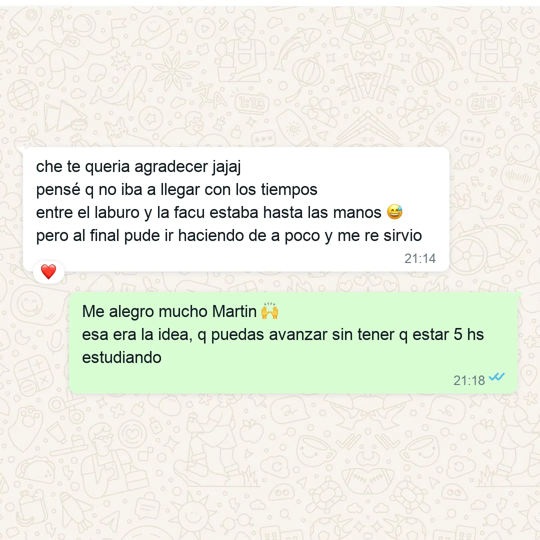 TESTIMONIO: captura de WhatsApp de Martín — entre el trabajo y la facultad pensó que no llegaba con los tiempos, y pudo avanzar de a poco