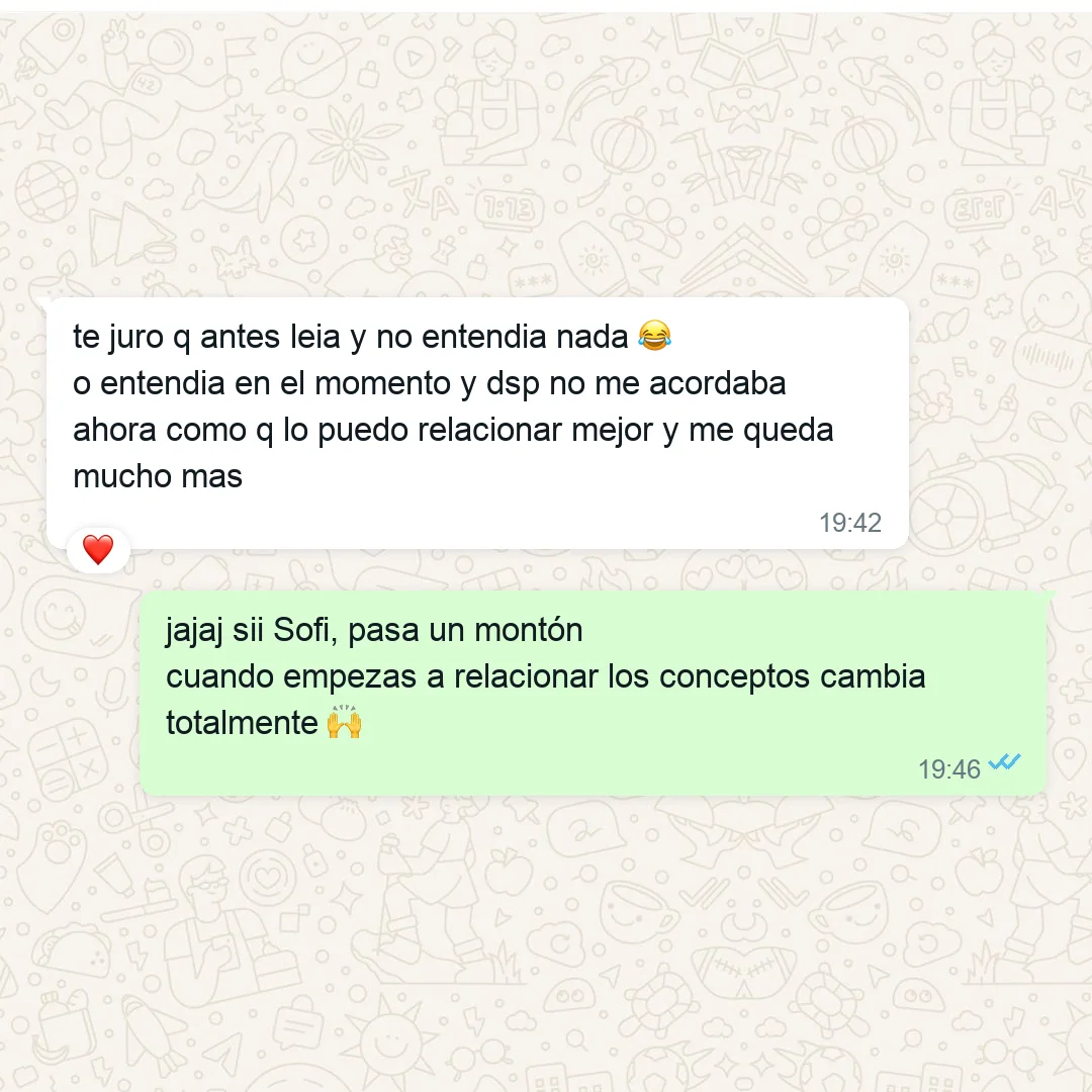 TESTIMONIO: captura de WhatsApp de Sofía — antes leía y no entendía nada; ahora relaciona los conceptos y le queda