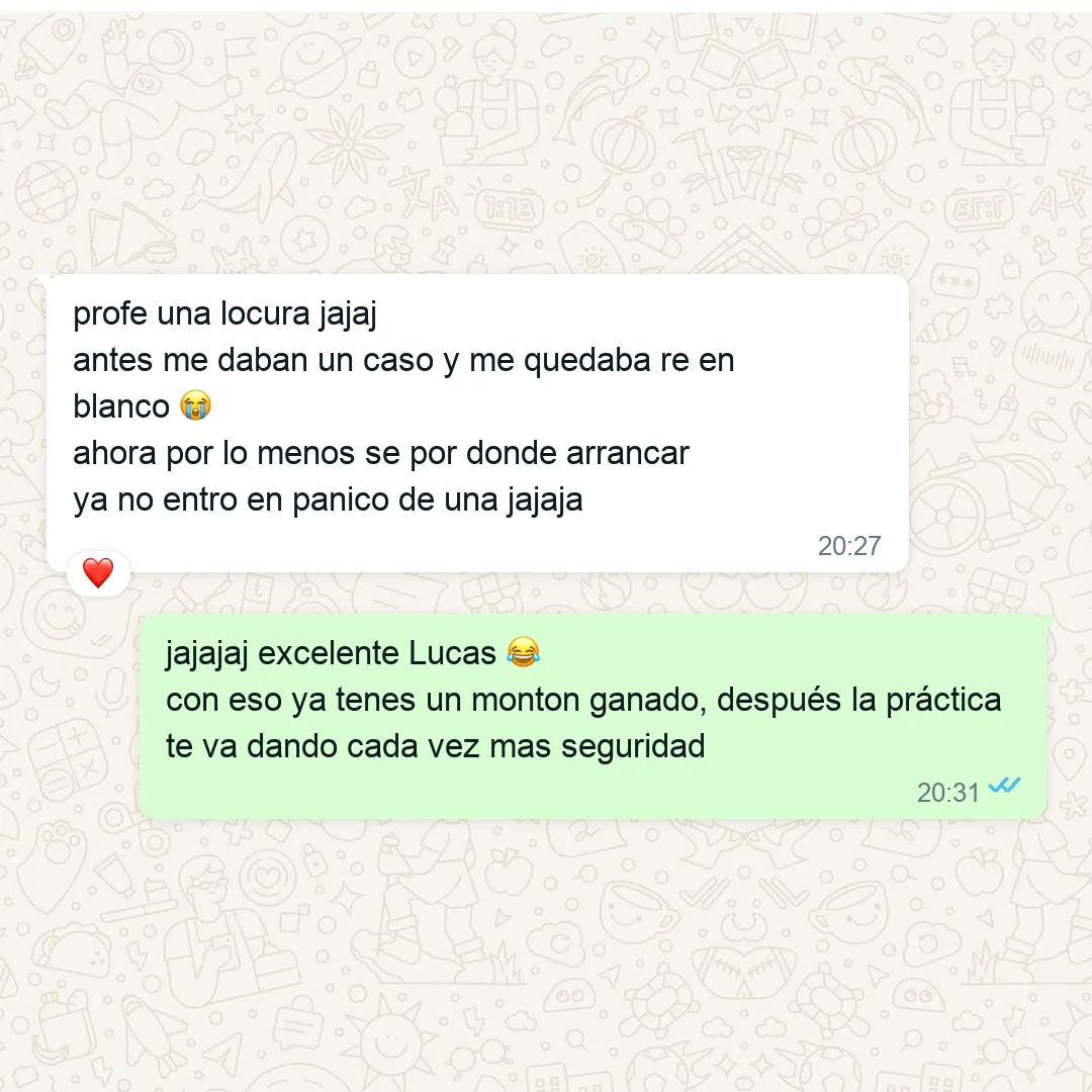 TESTIMONIO: captura de WhatsApp de Lucas — antes quedaba en blanco ante un caso; ahora sabe por dónde arrancar