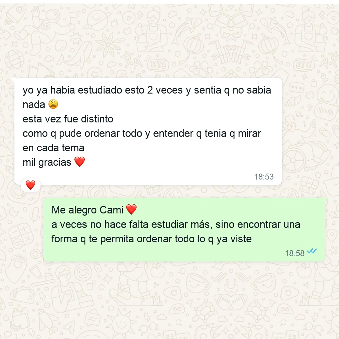 TESTIMONIO: captura de WhatsApp de Camila — ya había estudiado el tema dos veces y recién ahora pudo ordenarlo