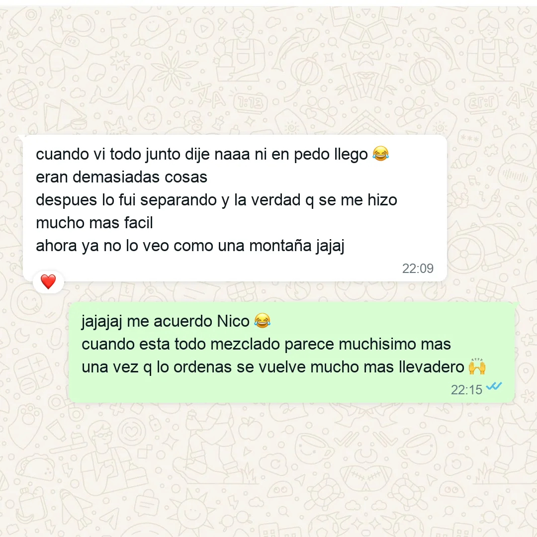 TESTIMONIO: captura de WhatsApp de Nicolás — al ver todo junto lo abrumaba; separándolo se le hizo mucho más fácil
